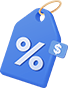 Blue price tag featuring a percentage symbol and a dollar sign, indicating a discount or sale. Relevant for promotions on a retail page.
