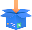 Blue cardboard box with an open top and downward arrow, symbolizing packaging or shipping processes, relevant for e-commerce logistics.