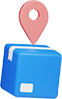 Blue delivery box with a pink location pin, symbolizing package tracking or delivery services. Relevant for logistics or shipping content.