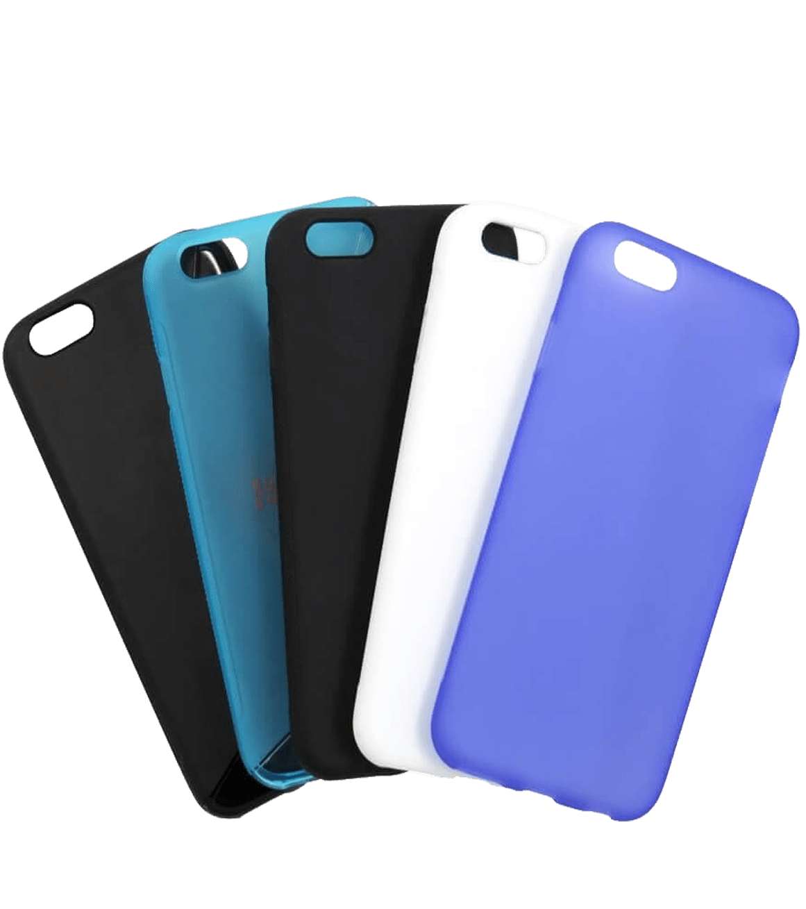 Assorted mobile phone cases in black, teal, white, and purple, showcasing different colors and styles for device protection.