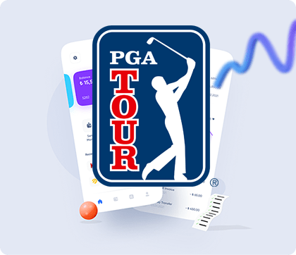 PGA Tour logo prominently displayed in front of smartphone screens, illustrating the app's features related to golf engagement and information.