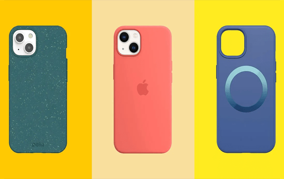Three smartphone cases displayed against vibrant backgrounds: a green speckled case on the left, a coral case in the center with the Apple logo, and a blue case with a circular design on the right.