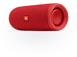 Bright red JBL portable speaker features a cylindrical design, ideal for outdoor use and enhancing music experiences on the go.