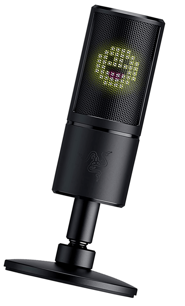 Black gaming microphone with a mesh grille displaying dynamic LED lights. Ideal for streaming or gaming, emphasizing audio clarity and style.