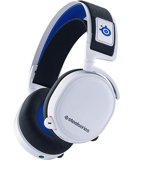 White SteelSeries gaming headset featuring plush ear cups and a blue inner band, designed for immersive audio experiences in gaming.