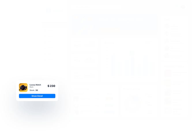 E-commerce dashboard displaying sales statistics, product inventory, and trending items for Gudshop, designed to enhance online shopping management.