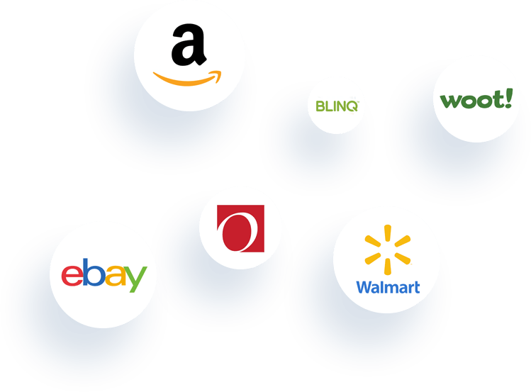 Logos of popular online retail platforms, including Amazon, eBay, Walmart, and others, highlighted in circular shapes against a blue background.