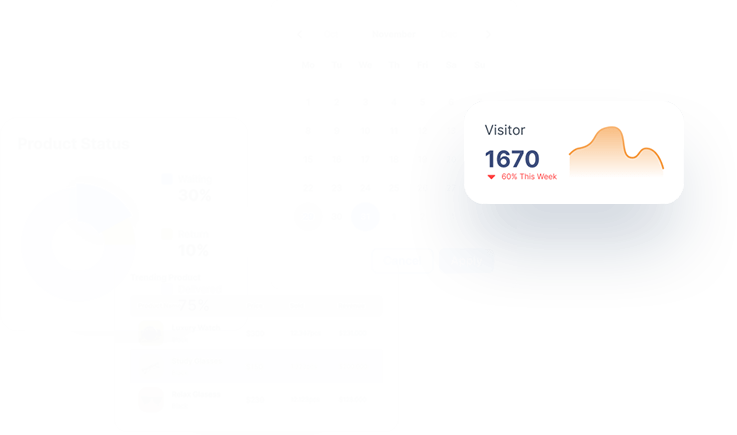 Dashboard displaying product analytics and visitor statistics, including pie charts for product status, sales data, and a calendar for tracking performance.