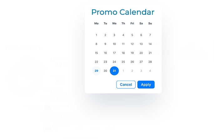 Promo calendar interface displaying product status and sales data, highlighting product delivery trends and promotional scheduling for effective inventory management.