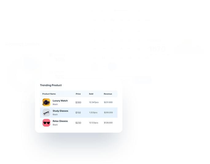 Dashboard interface displaying product status, a calendar, visitor statistics, and a list of trending products with sales data.