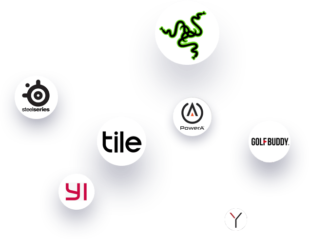 Logos of various technology and gaming brands, including Razer, SteelSeries, PowerA, and Tile, interconnected in a visual display.
