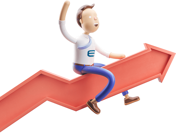 A cartoon character with a joyful expression rides an upward arrow, symbolizing growth and success in business or finance.