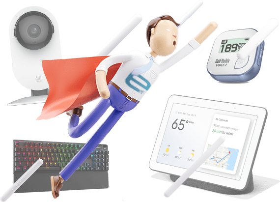 A superhero figure soars among various smart home devices: a camera, keyboard, tablet, and health monitor, symbolizing tech innovation and connectivity.